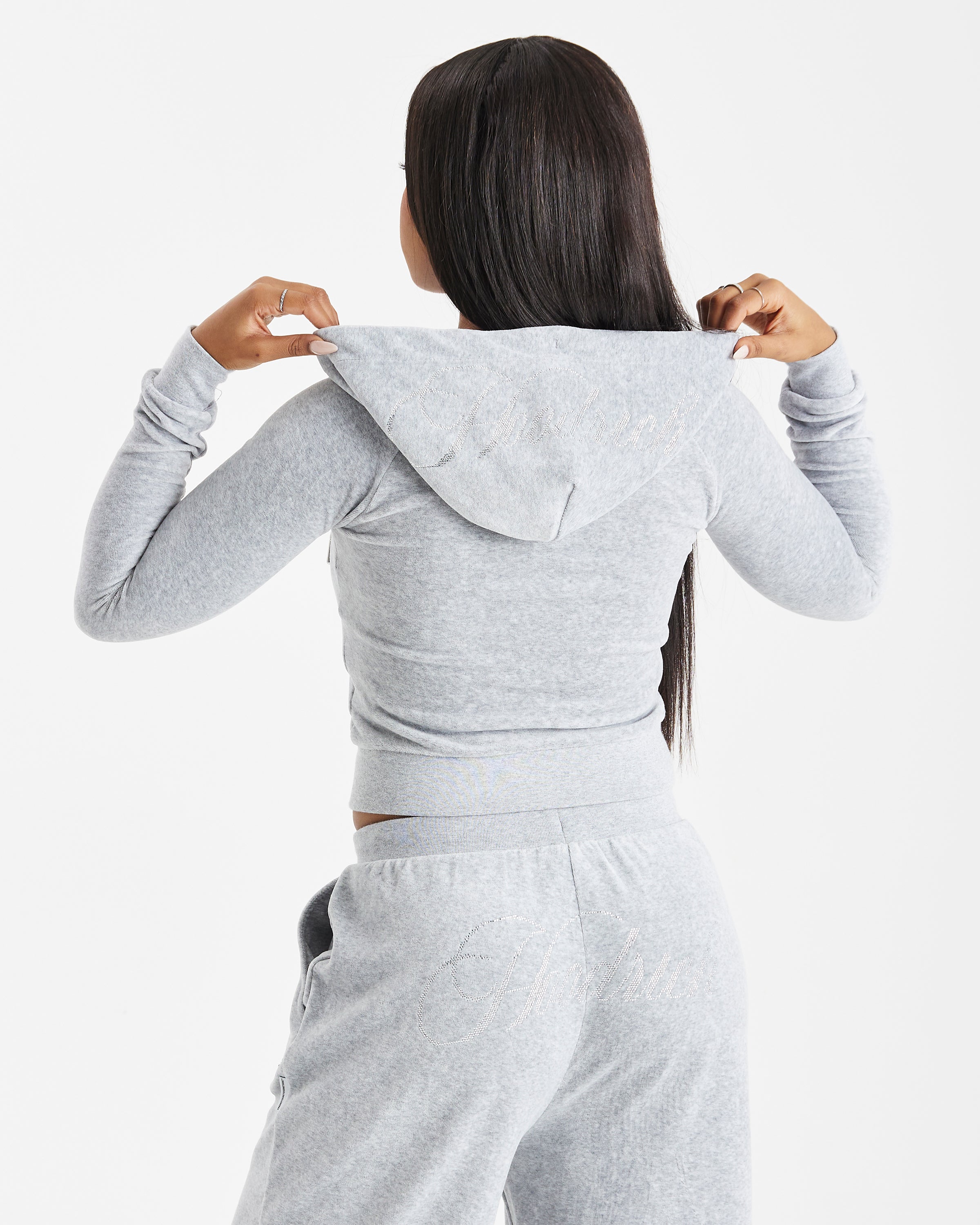 Felpa con cappuccio e zip in velluto a coste - Grigio/Argento/Strass