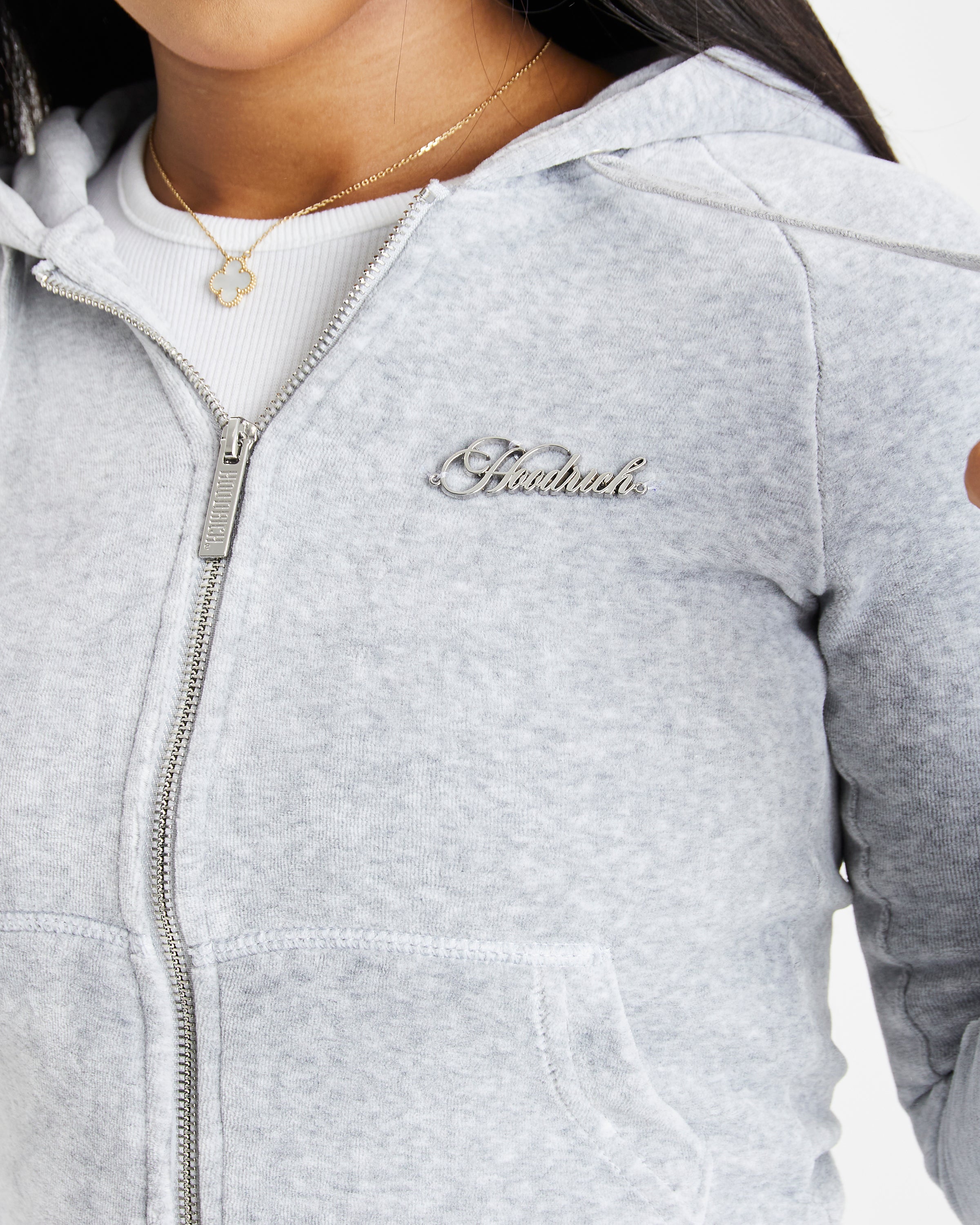 Felpa con cappuccio e zip in velluto a coste - Grigio/Argento/Strass
