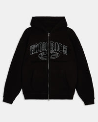 Black hoodie with 'HOODRICH' text on a white background