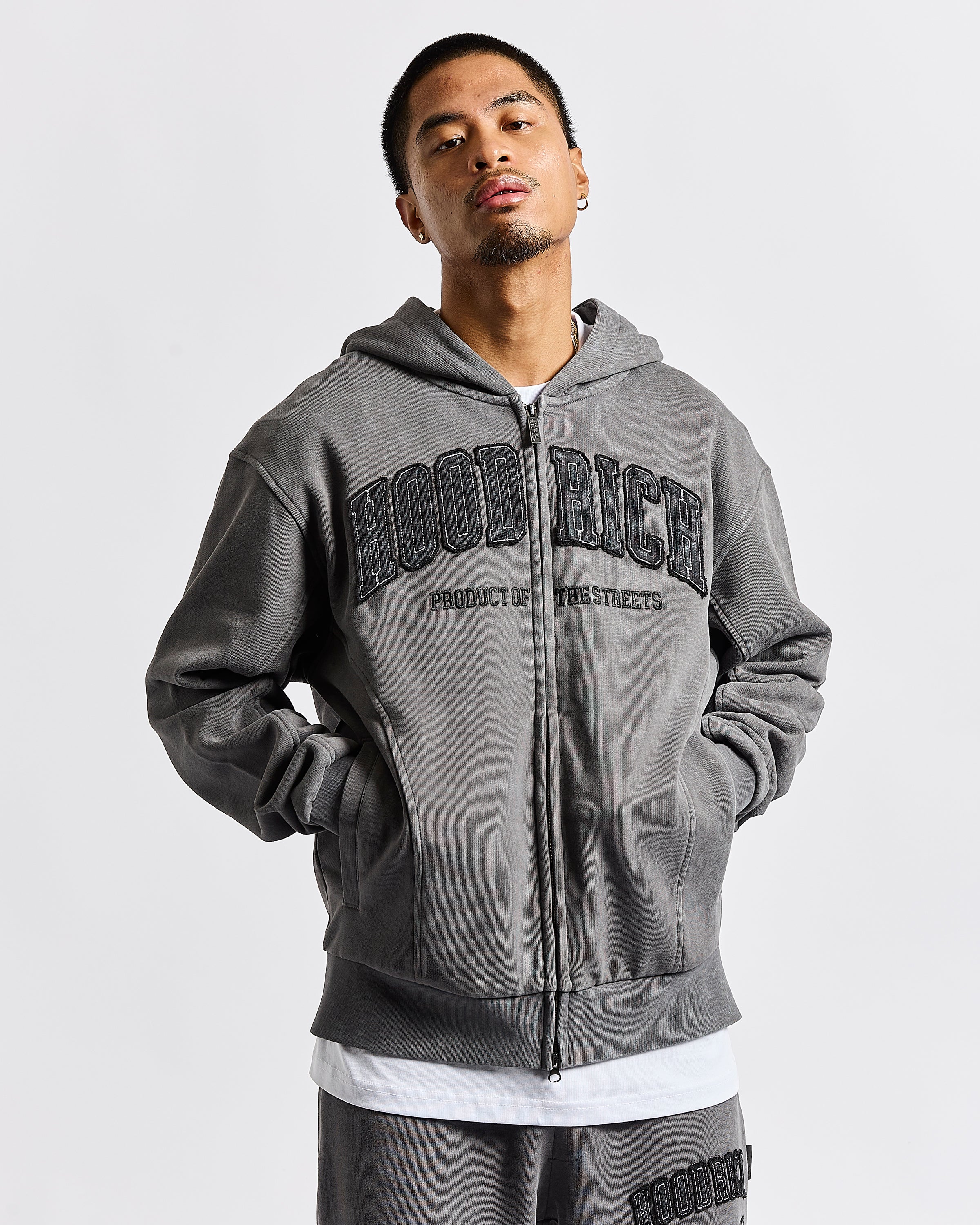 Felpa con cappuccio oversize con zip Cursed - Grigio lavaggio/Nero