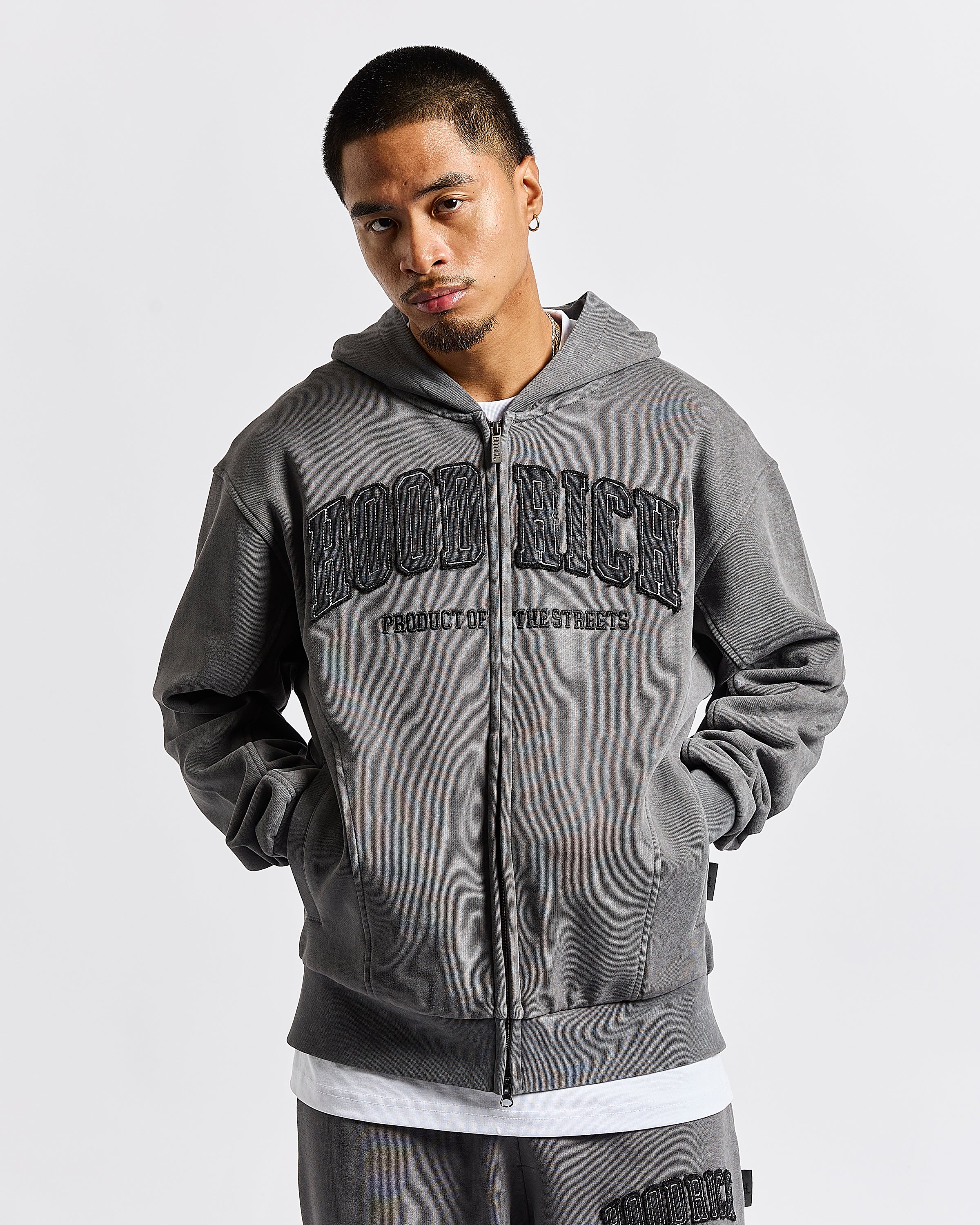 Felpa con cappuccio oversize con zip Cursed - Grigio lavaggio/Nero