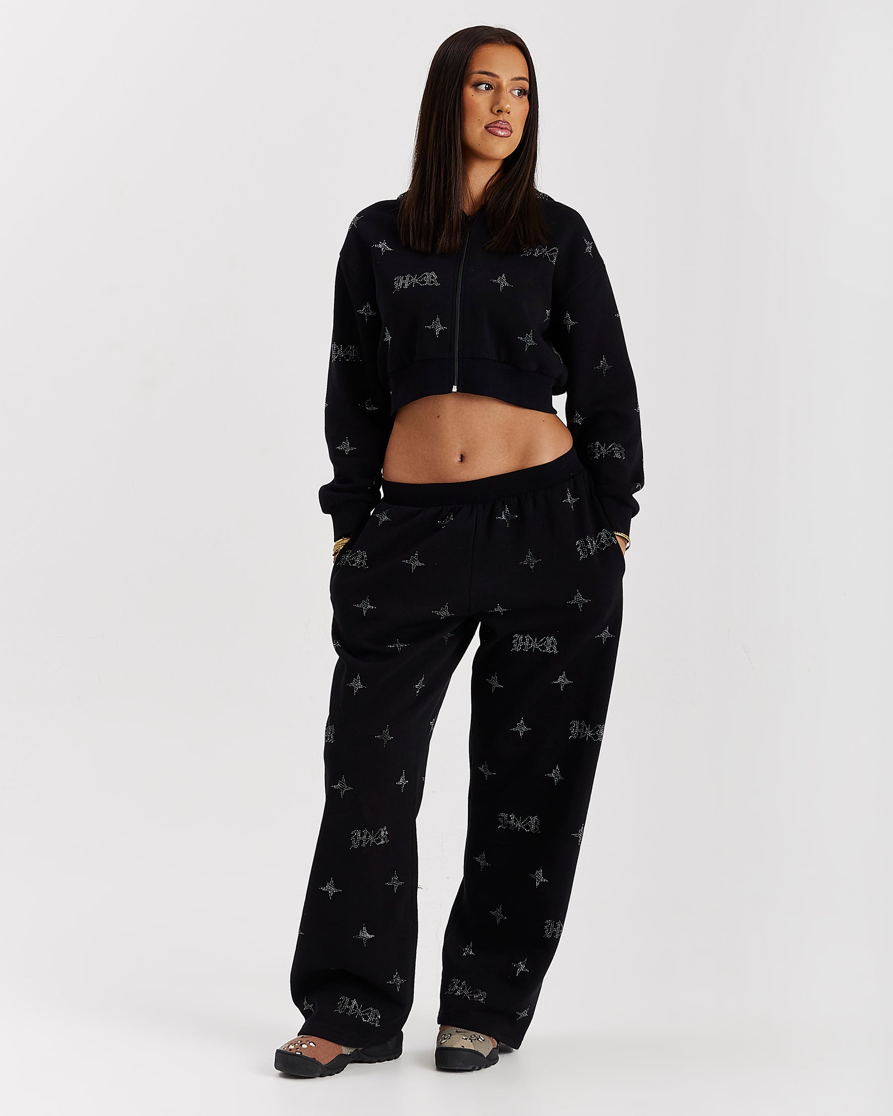 Razor Oversized Wide Leg Joggers - Black/Rhinestone