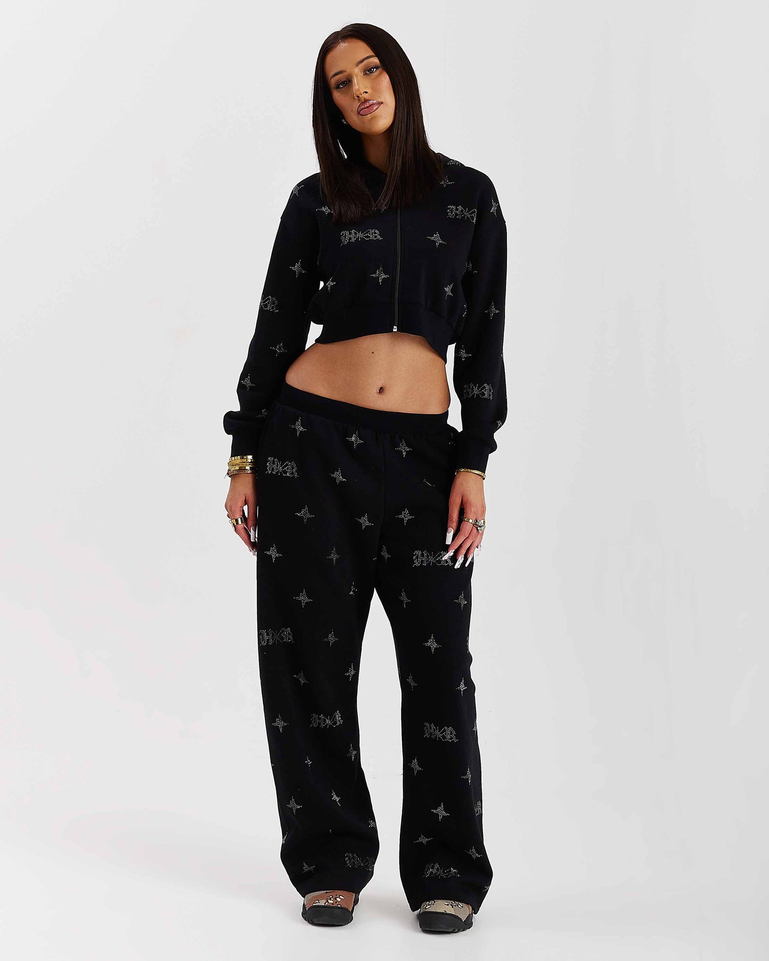Pantaloni da jogging oversize a gamba larga Razor - Nero/Strass