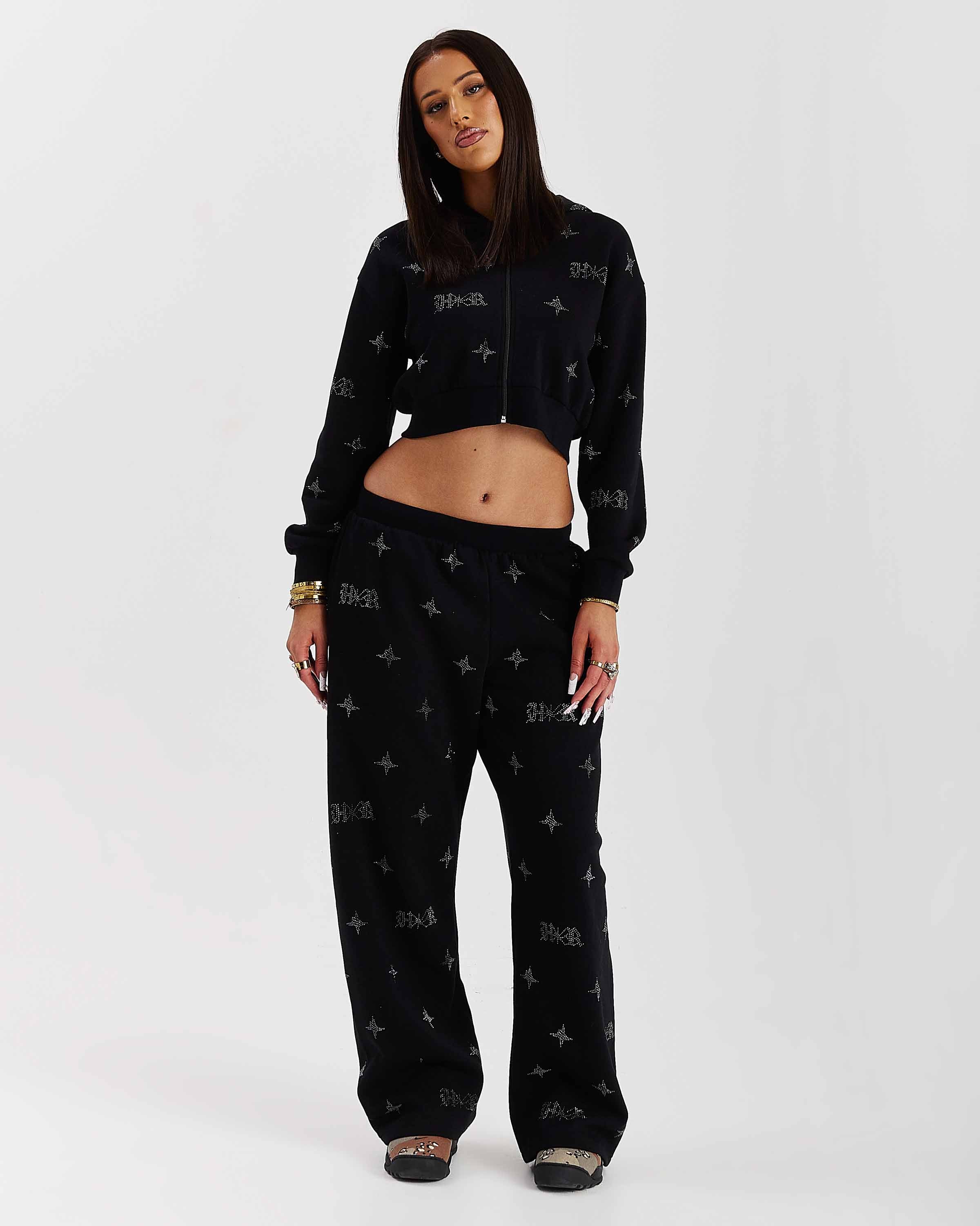 Razor Oversized Wide Leg Joggers - Black/Rhinestone