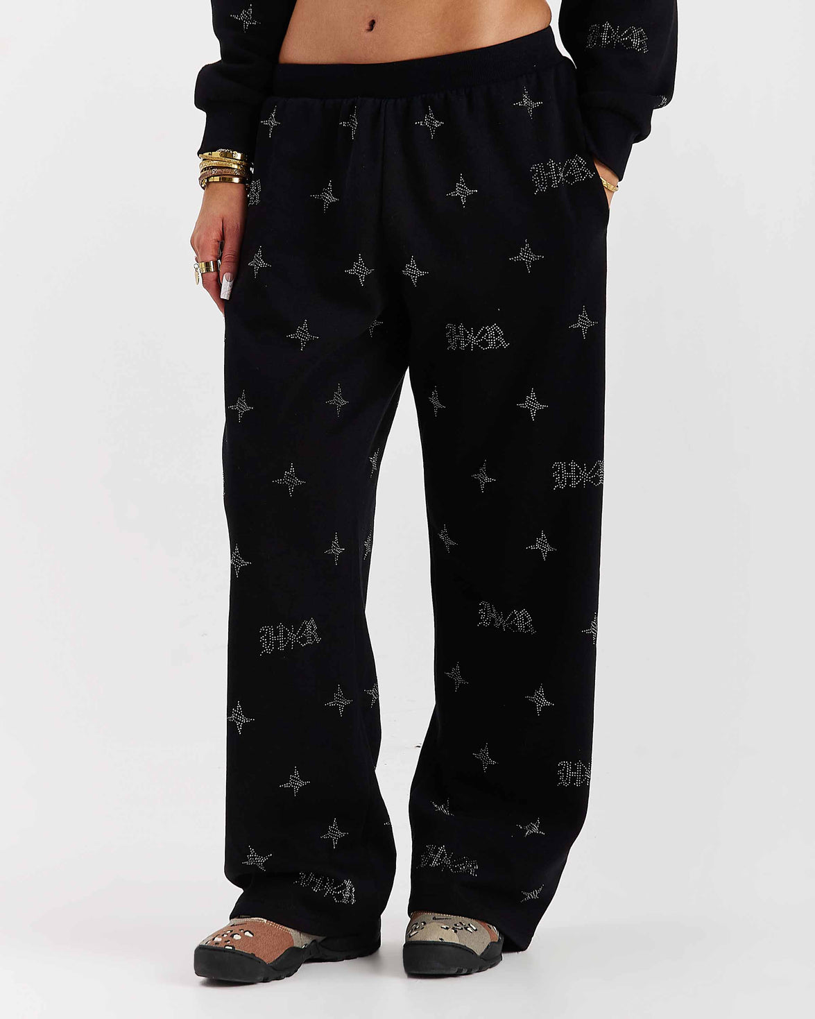 Pantaloni da jogging oversize a gamba larga Razor - Nero/Strass