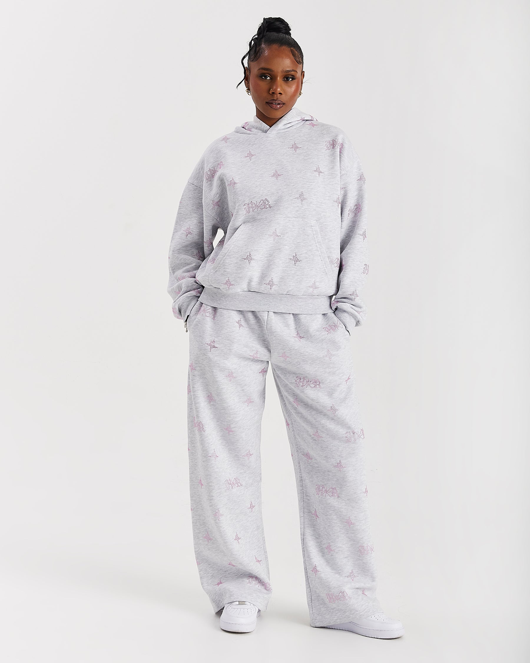 Felpa con cappuccio Razor Mid Length - Grigio chiaro/Strass