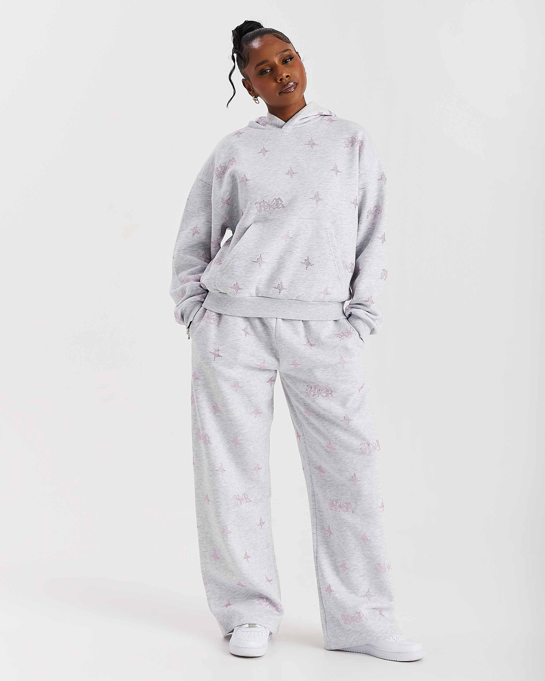 Pantaloni da jogging oversize a gamba larga Razor - Grigio chiaro/Strass