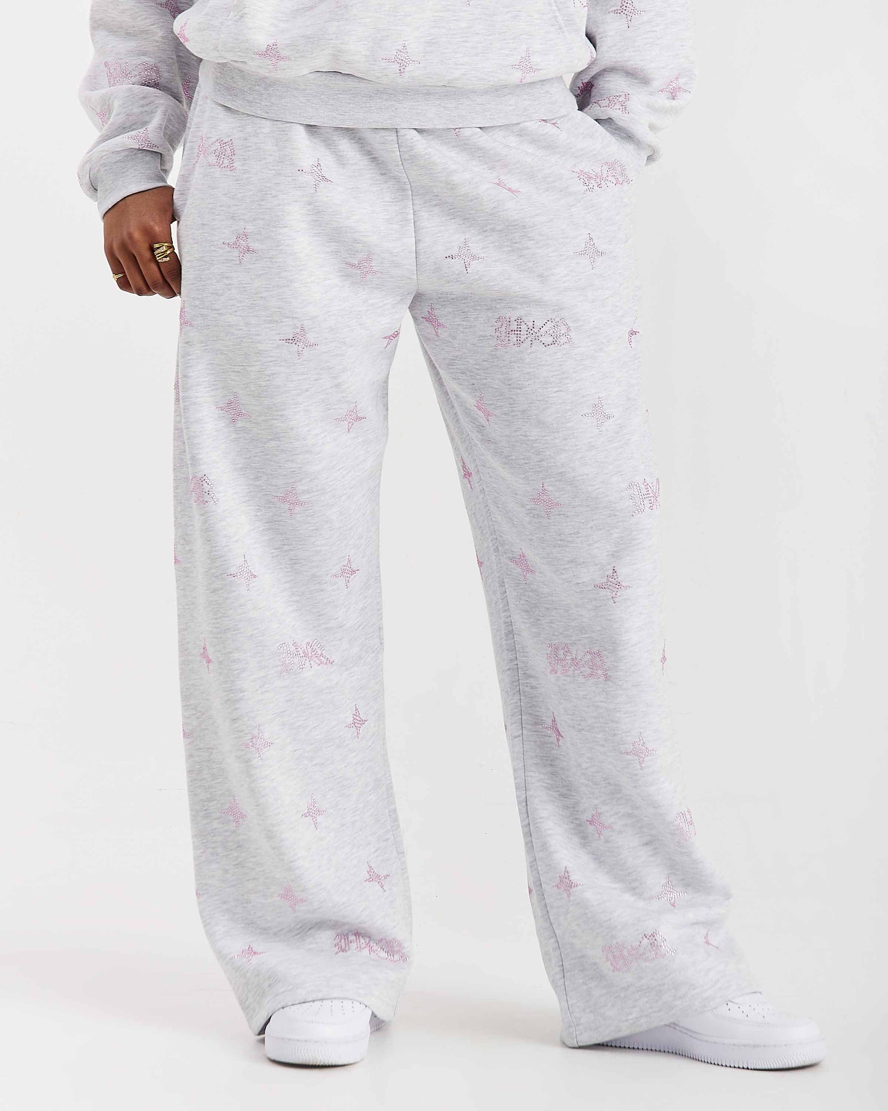 Pantaloni da jogging oversize a gamba larga Razor - Grigio chiaro/Strass
