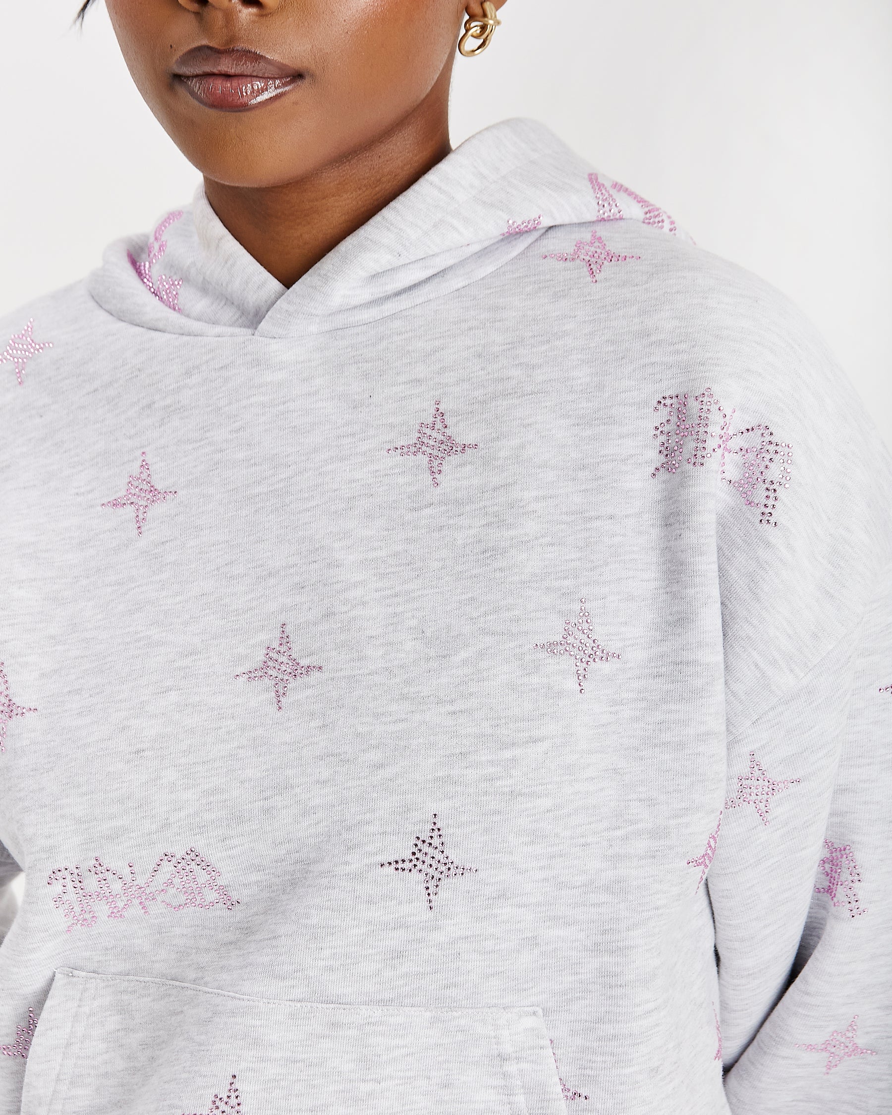 Felpa con cappuccio Razor Mid Length - Grigio chiaro/Strass