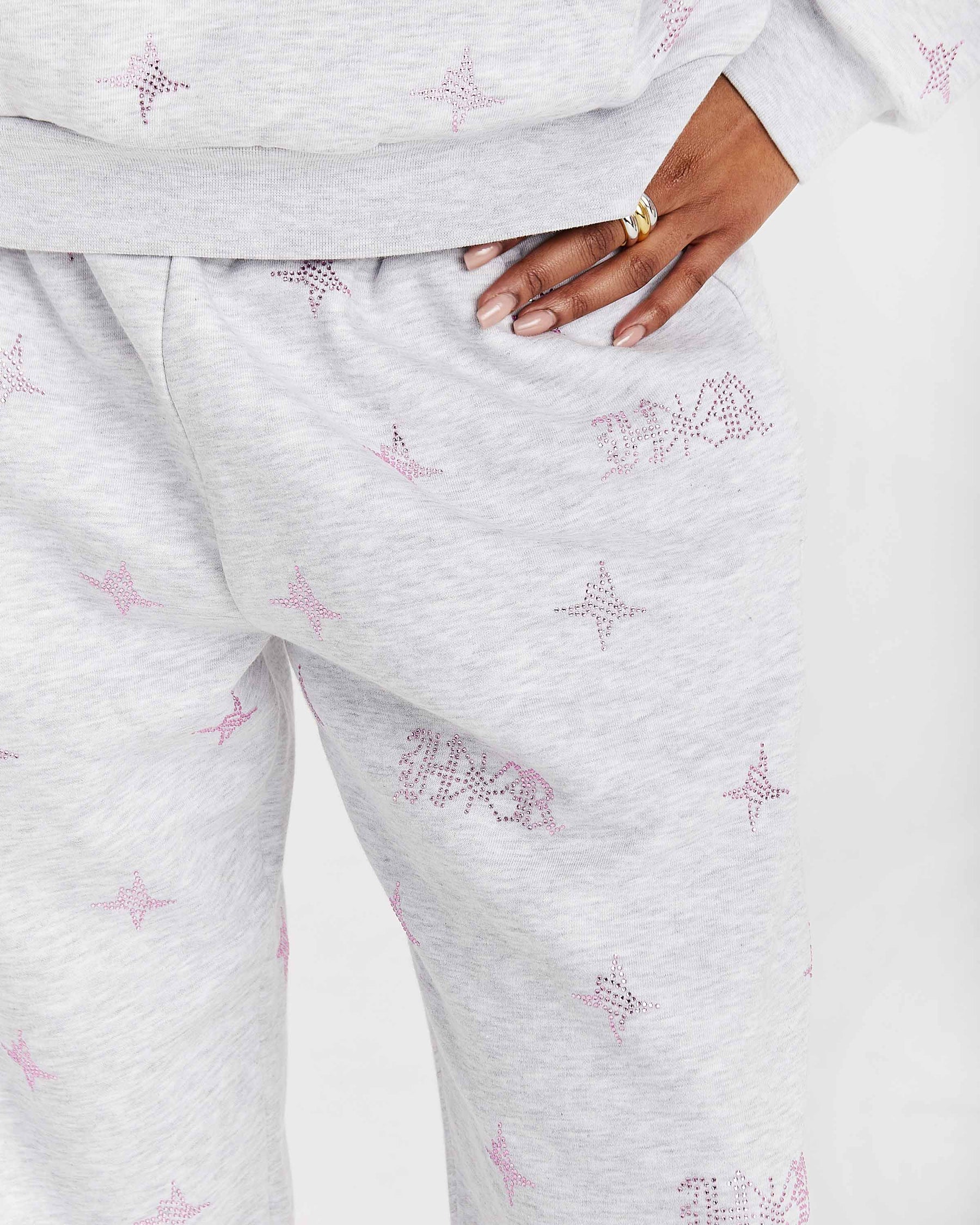 Pantaloni da jogging oversize a gamba larga Razor - Grigio chiaro/Strass