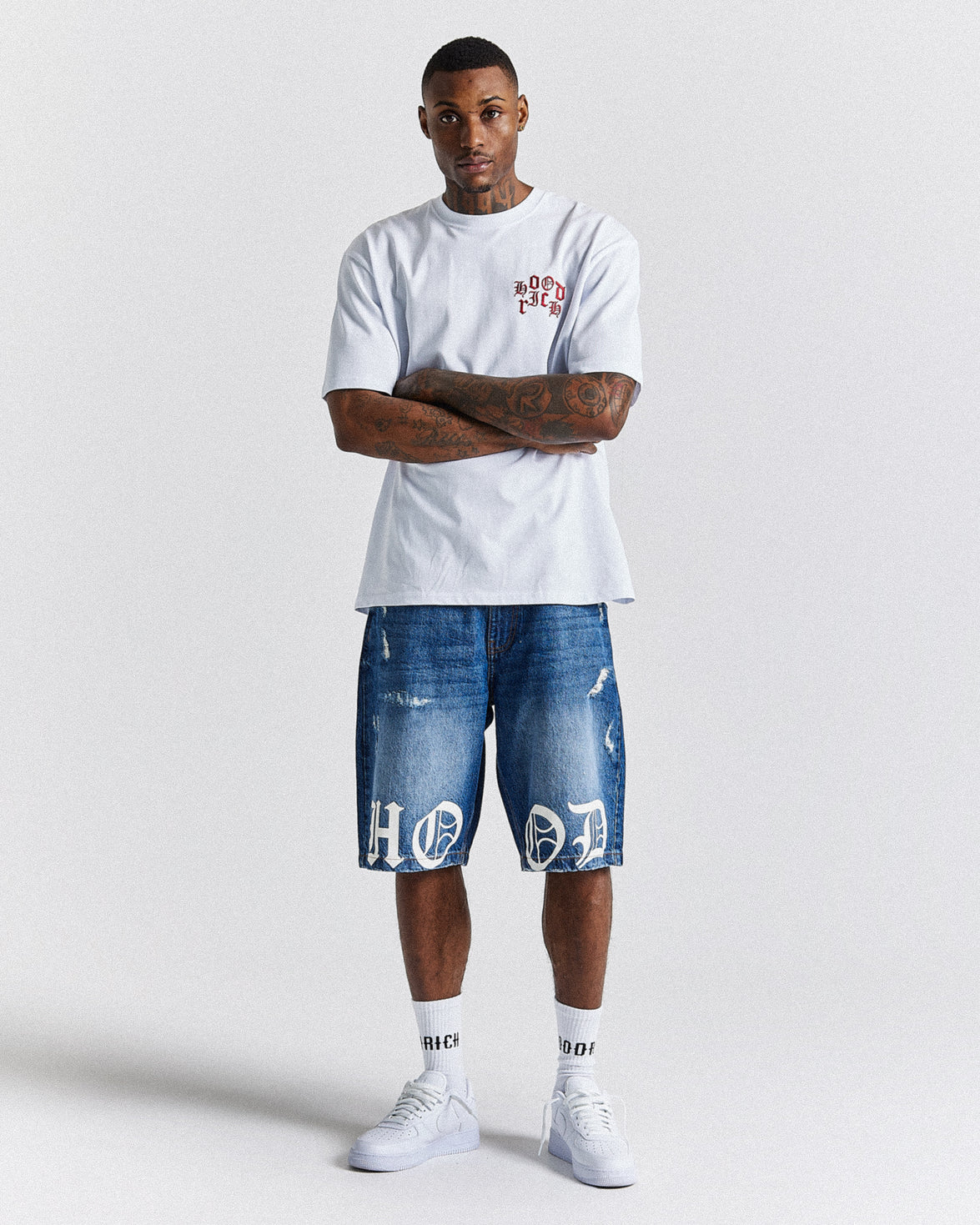 Old English Denim Short - Light Blue/White