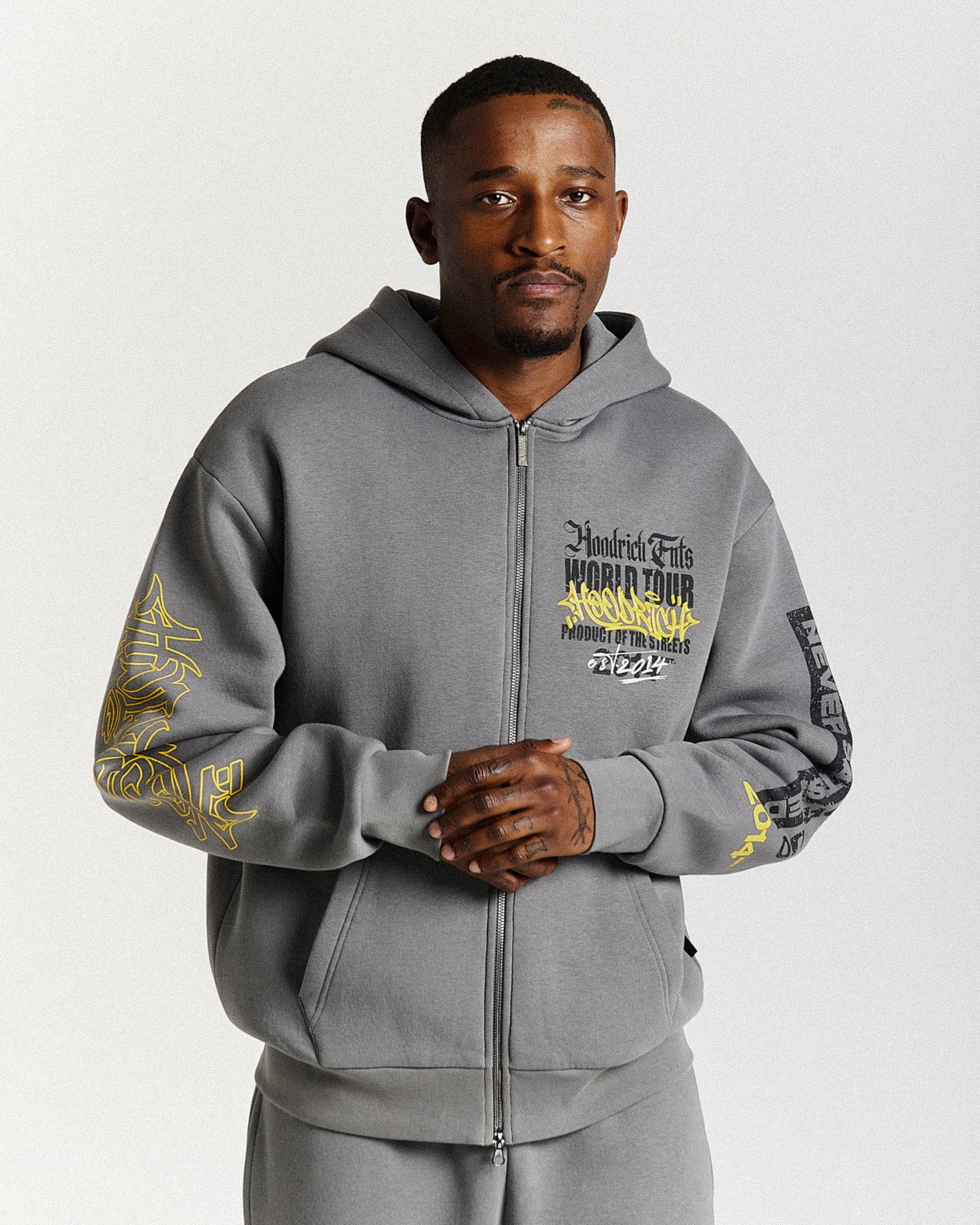 Stamp Tour Oversized Zip Hoodie - Grey/Black/Yellow