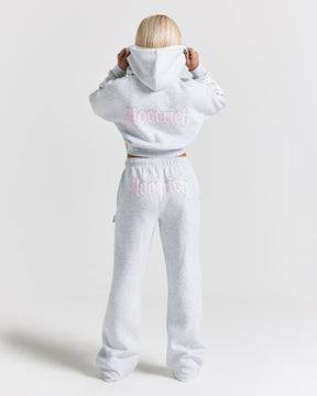Totem Cropped Zip Hoodie - Light Grey/Pink/Rhinestone
