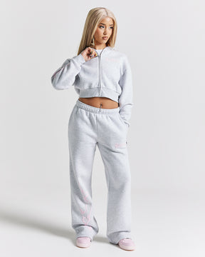 Totem Cropped Zip Hoodie - Light Grey/Pink/Rhinestone
