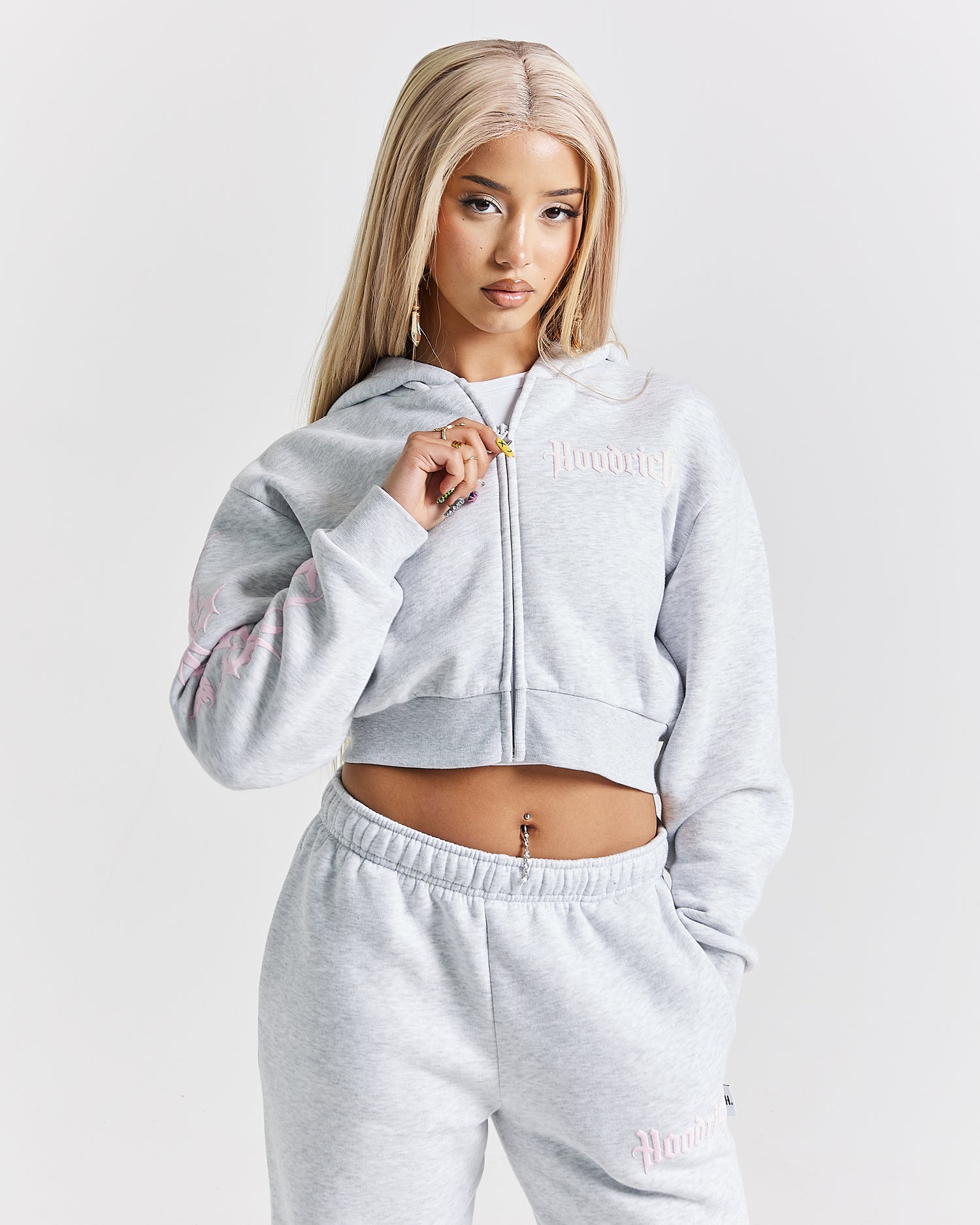 Totem Cropped Zip Hoodie - Light Grey/Pink/Rhinestone