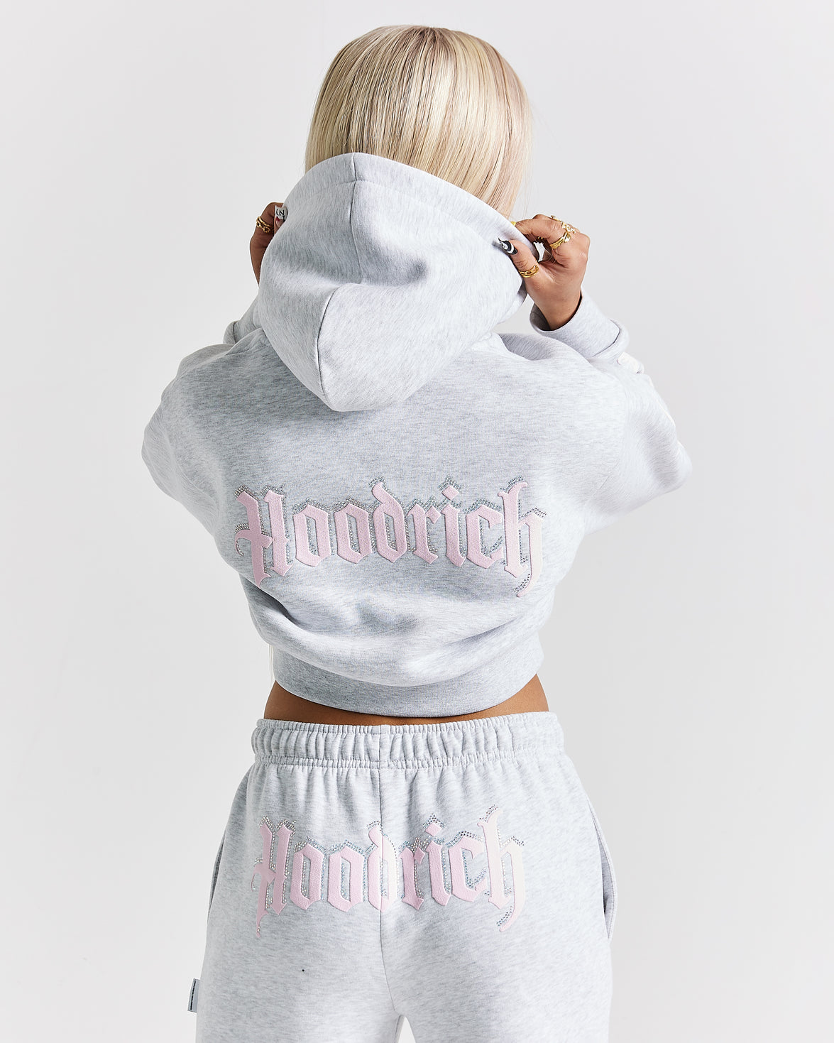 Totem Cropped Zip Hoodie - Light Grey/Pink/Rhinestone
