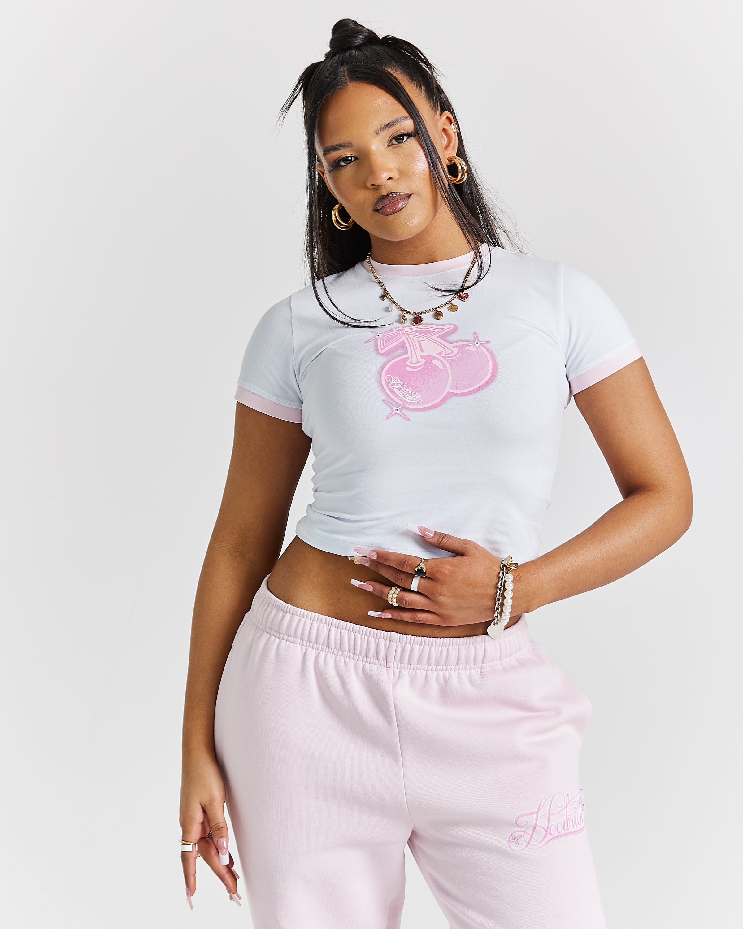 T-shirt attillata Finesse - Bianco/Rosa/Strass