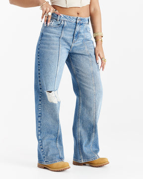 Distressed Gothic Wide Leg Jeans - Blue Wash