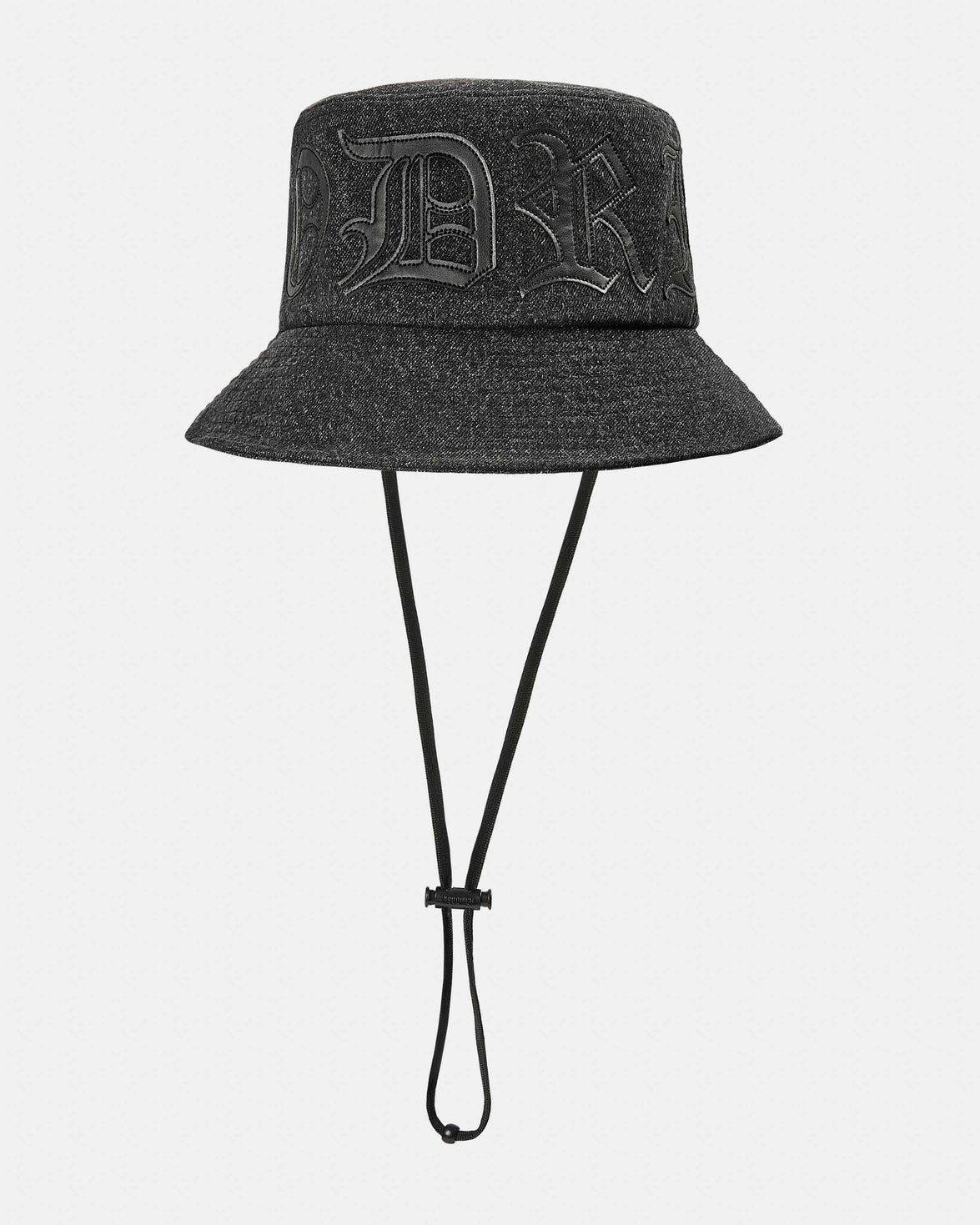 Denim bucket hat with applique PU logo saying 'Hoodrich'