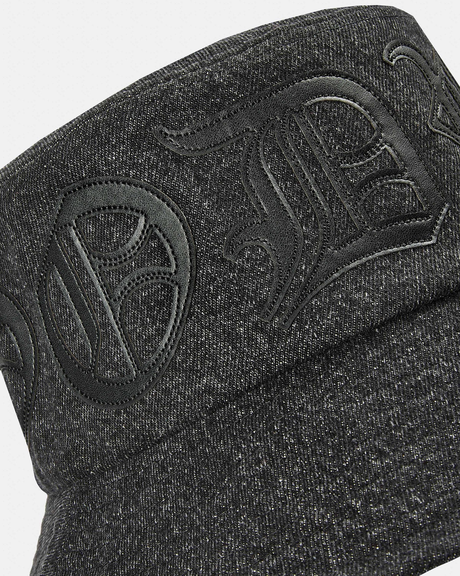 Denim bucket hat with applique PU logo saying 'Hoodrich'