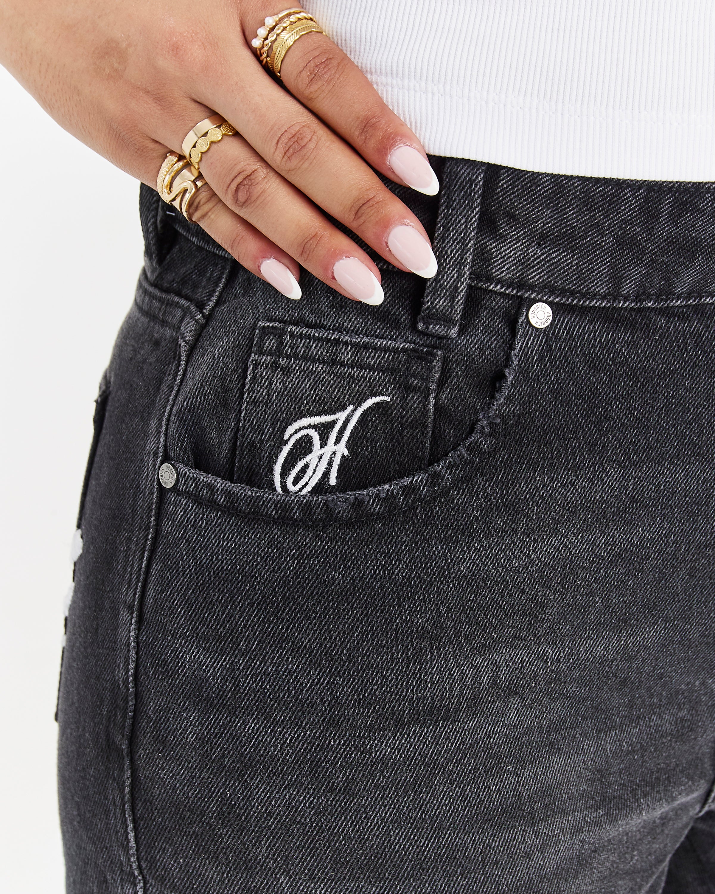 Jeans a gamba larga con scritta - Lavaggio nero