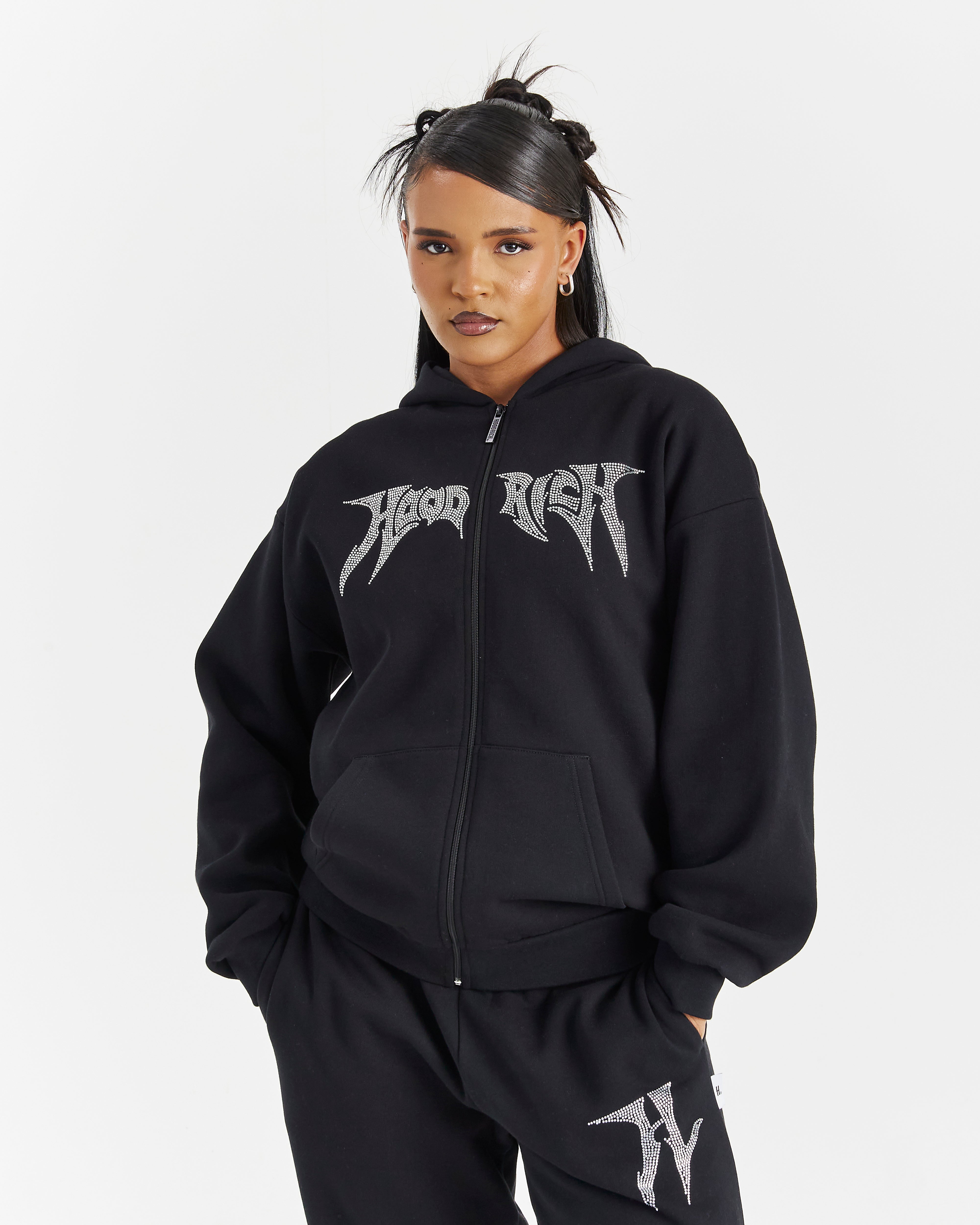 Felpa con cappuccio oversize Lustre con zip - Nero/Strass